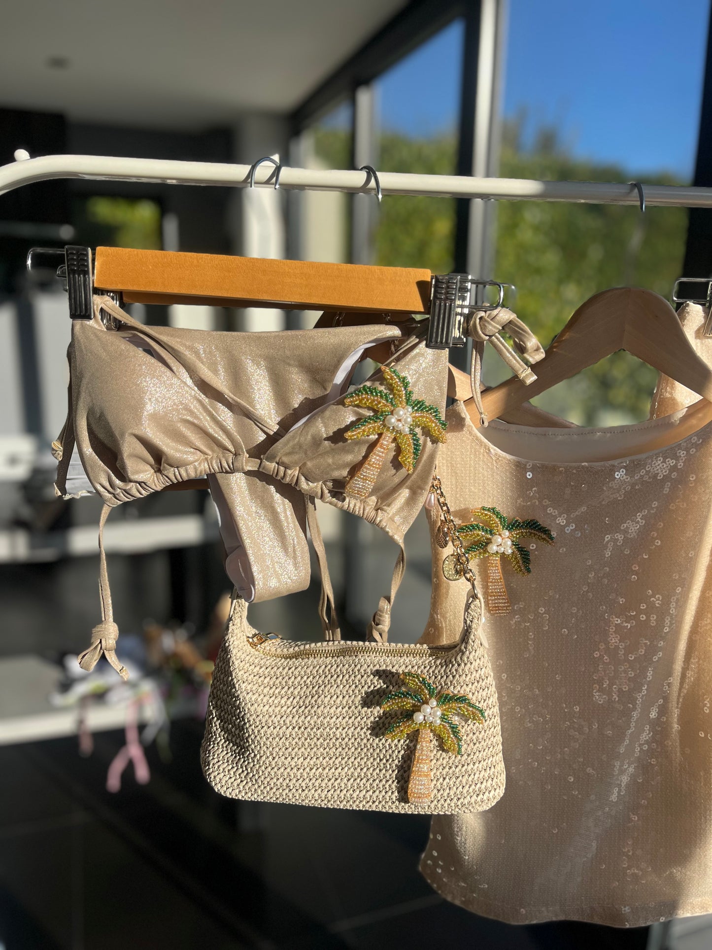 Beige beaded palm tree bikini