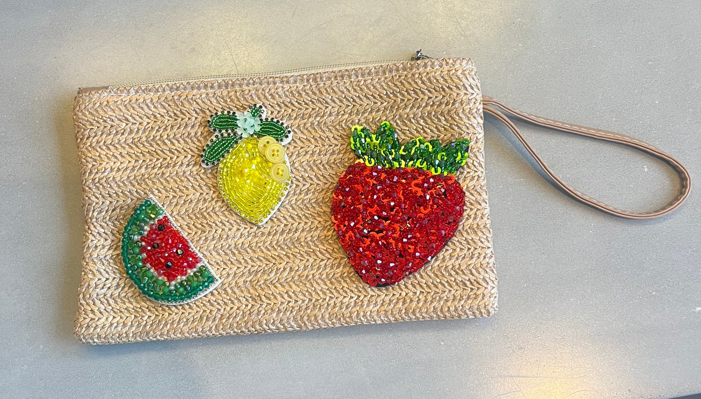 Beige beaded fruit pouch / clutch bag