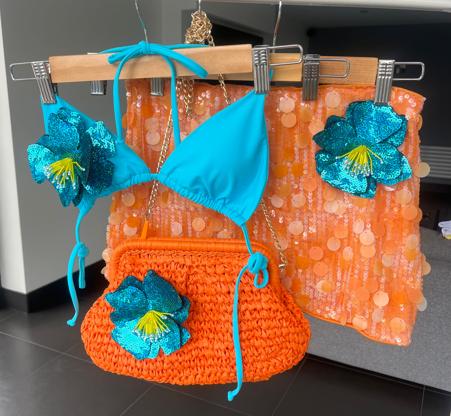 Orange turquoise flora sequin skirt