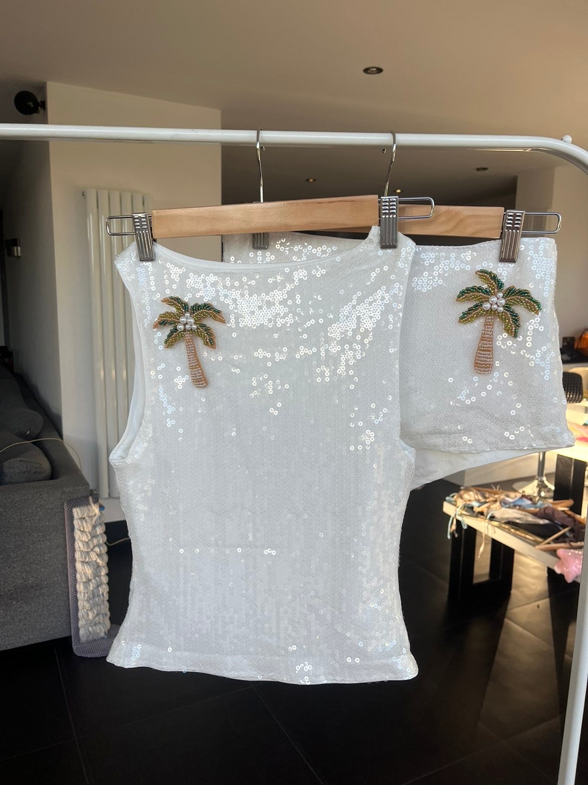 White beaded palm tree sequin Tank top ONLY