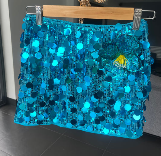 Turquoise flora sequin skirt
