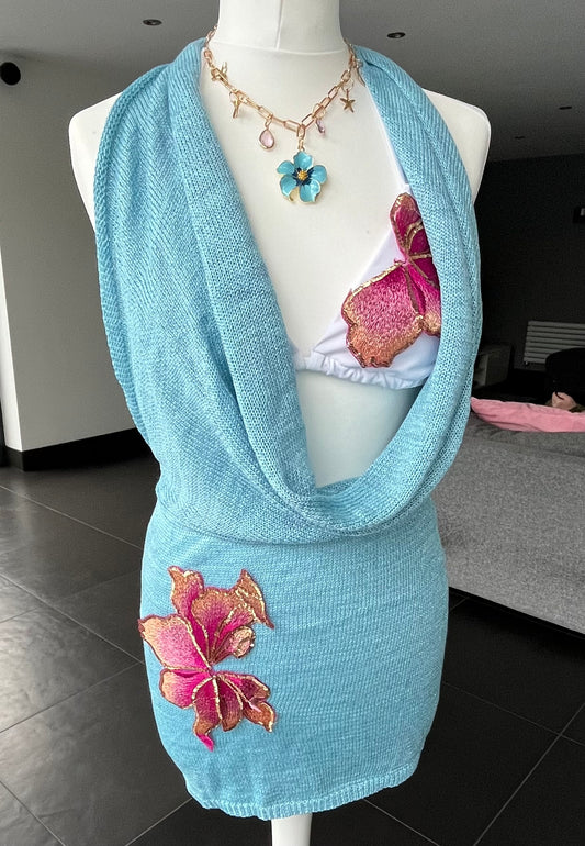 Blue pink blossom knit slouch front backless dress