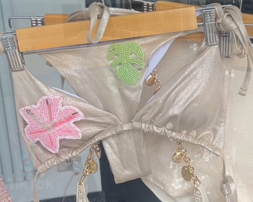 Beige beaded flora & leaf bikini