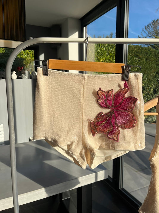 Beige pink blossom sequin shorts ONLY