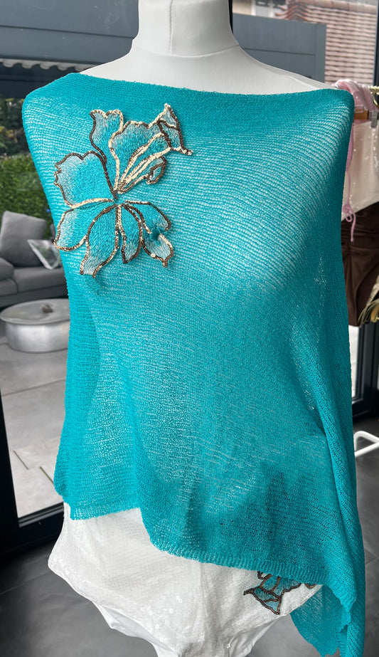 Teal Ocean blossom poncho cover up