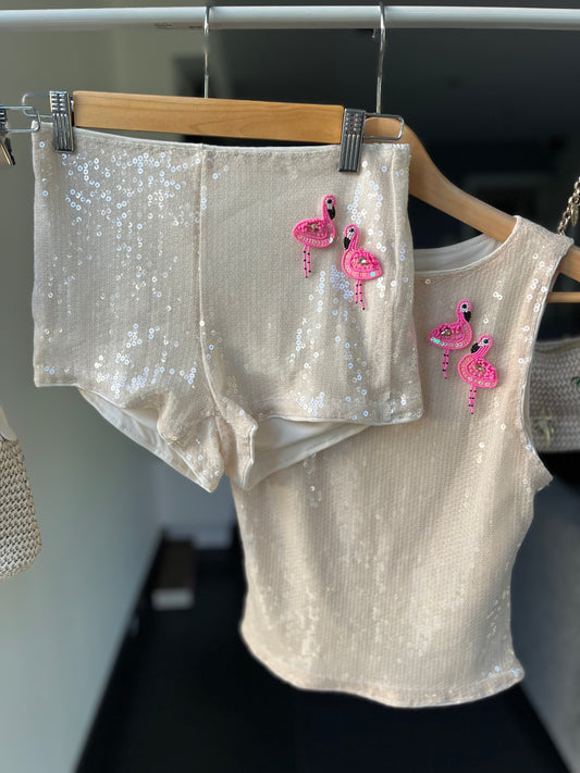 Beige beaded flamingo sequin tank & shorts SET