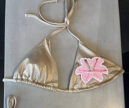 Beige beaded flora bikini
