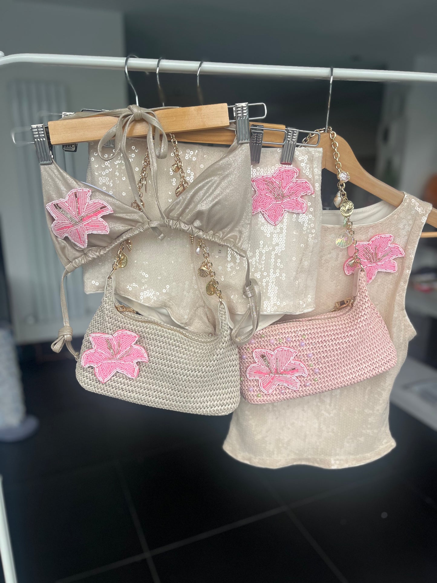 Beige beaded Flora charm bag