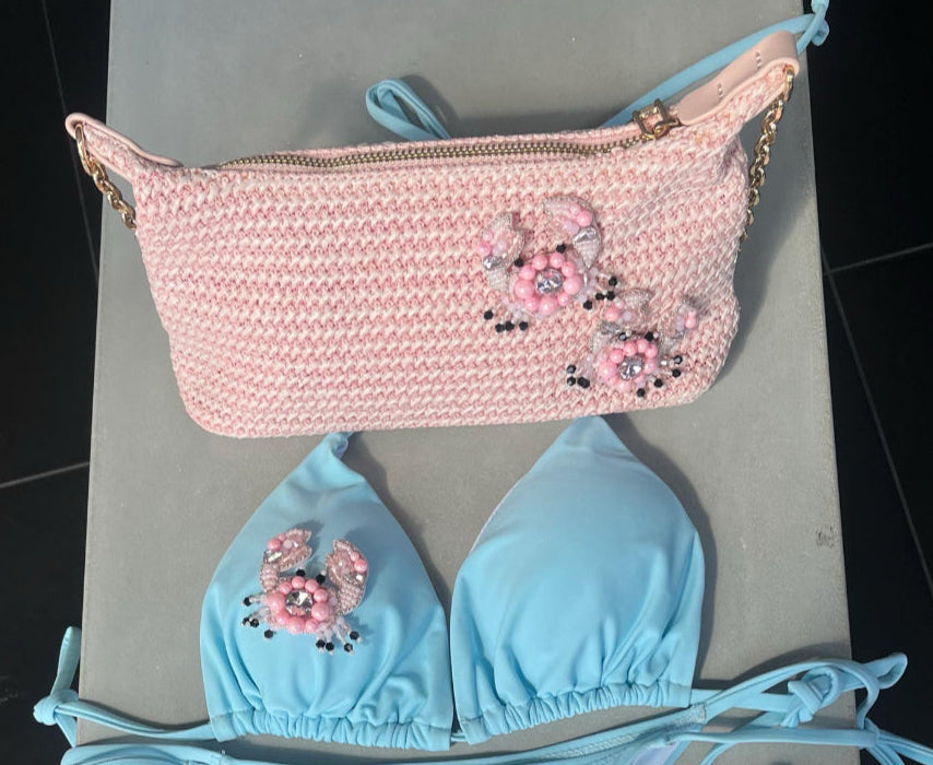 Pink beaded crab charm bag