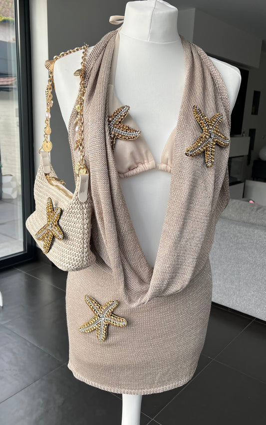Beige gem gold starfish knit slouch front backless dress