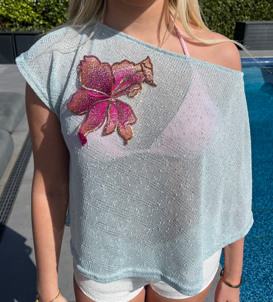 Blue Pink blossom poncho cover up