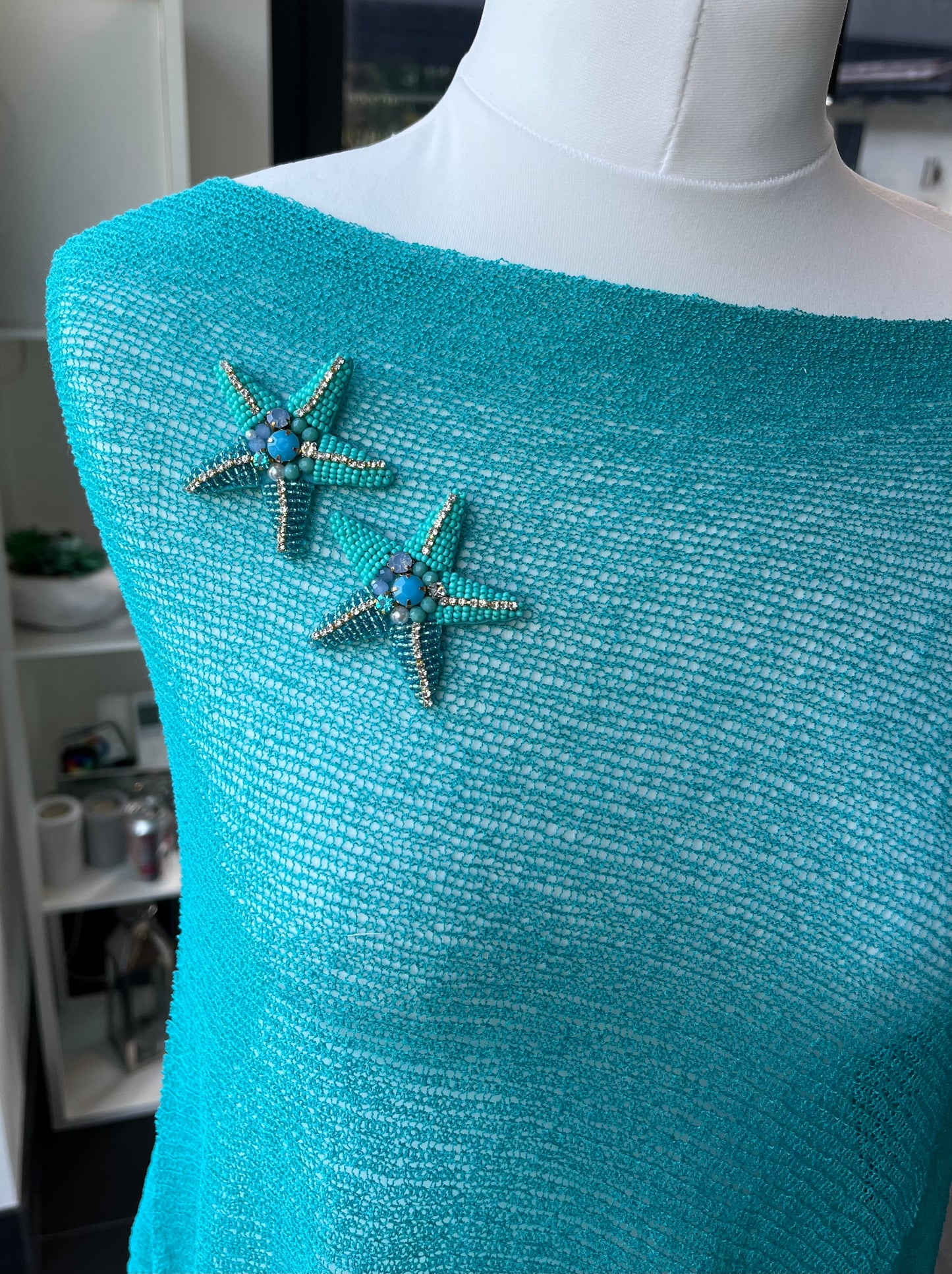 Teal Double blue starfish poncho cover up