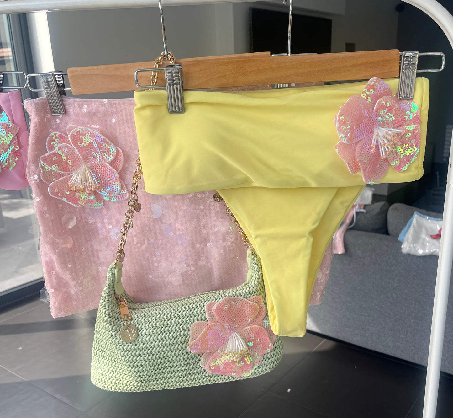 Yellow Pink flora bandeau bikini
