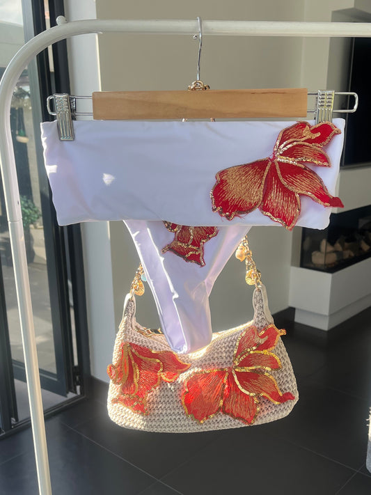 White Red blossom bandeau bikini
