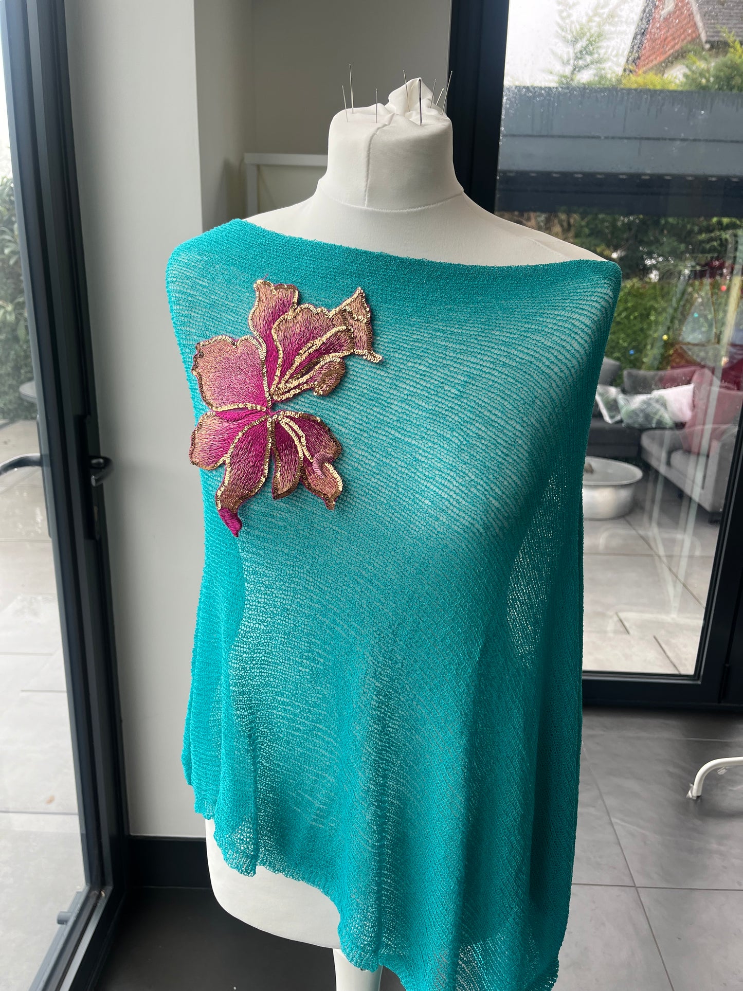 Teal Pink blossom poncho cover up