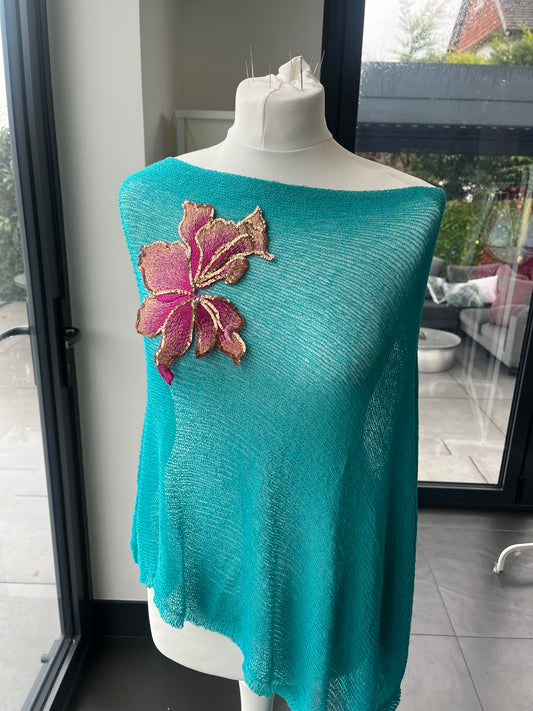 Teal Pink blossom poncho cover up