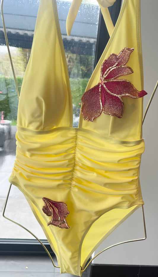 Yellow Pink blossom One piece swimsuit