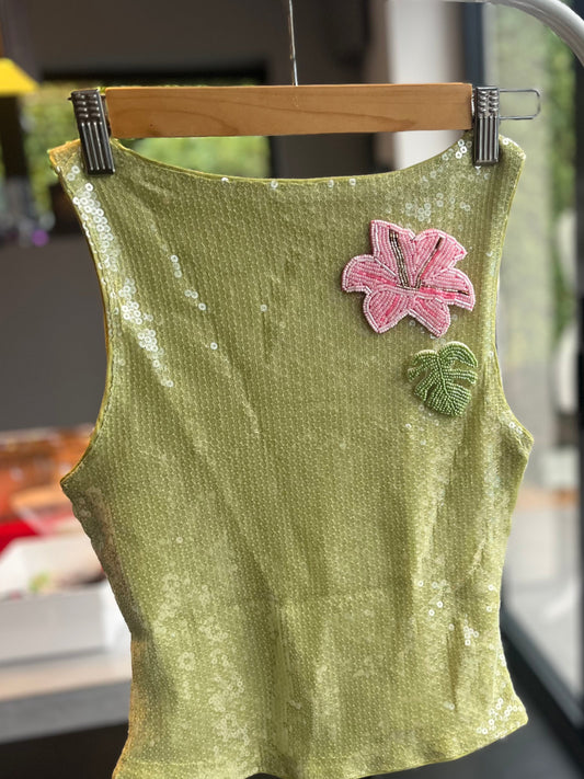 Matcha beaded flora & leaf Tank top ONLY