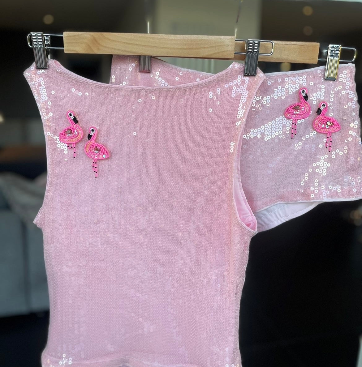 Pink beaded flamingo sequin tank & shorts SET