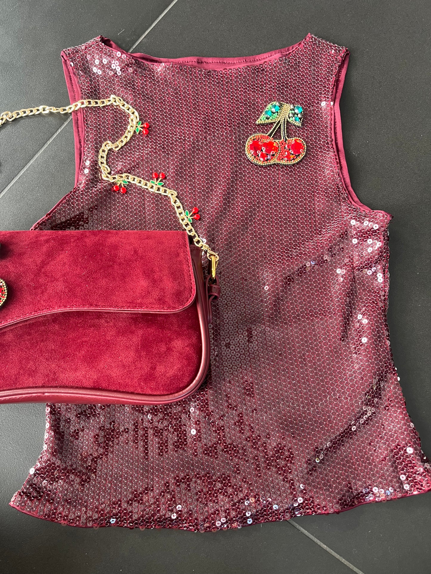 Burgundy gem cherry sequin Tank Top