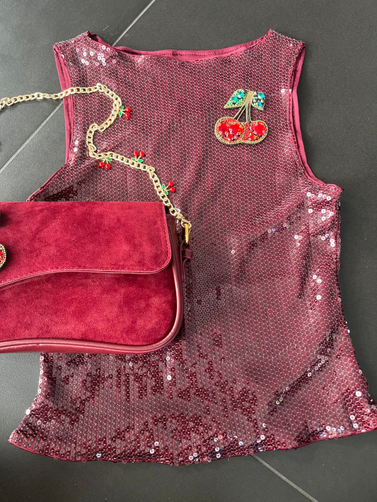 Burgundy gem cherry sequin Tank Top
