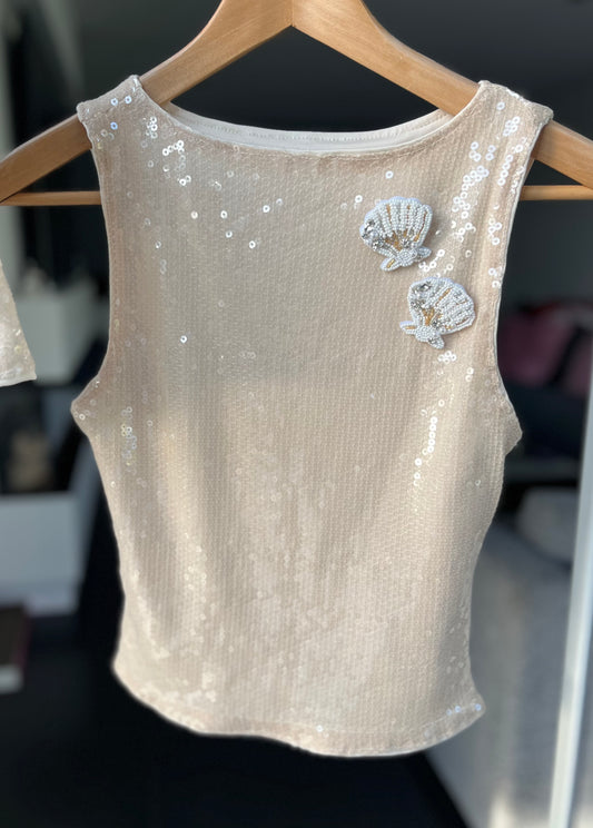 Beige beaded seashell sequin Tank top ONLY