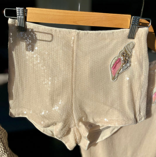 Beige beaded shell sequin shorts ONLY
