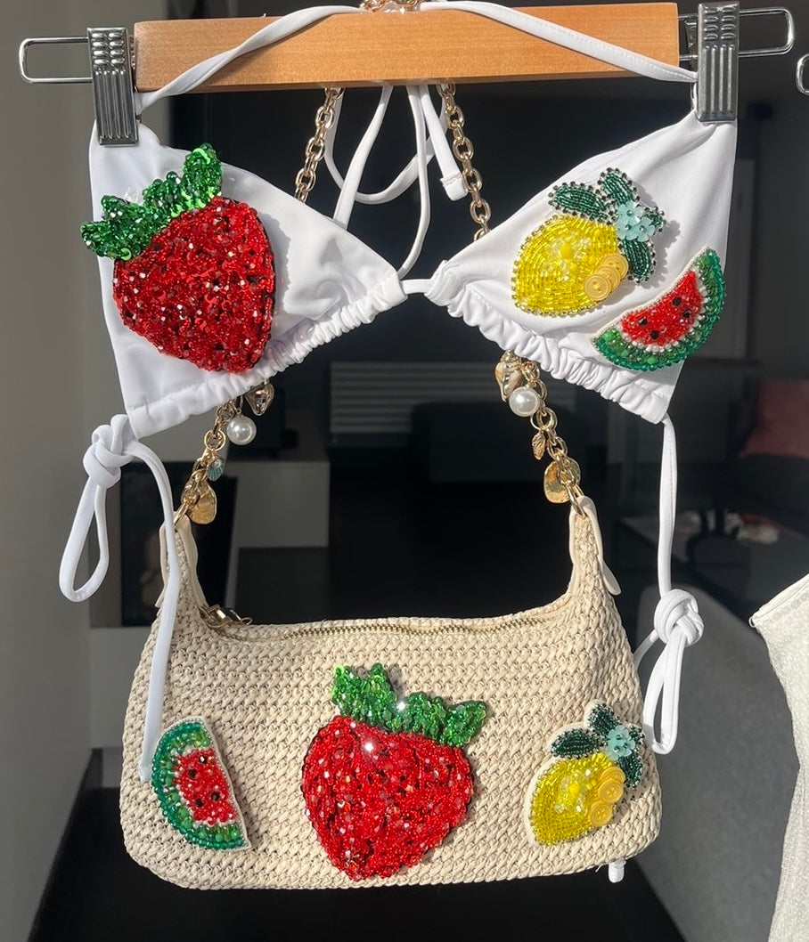 Beige beaded summer fruits charm bag