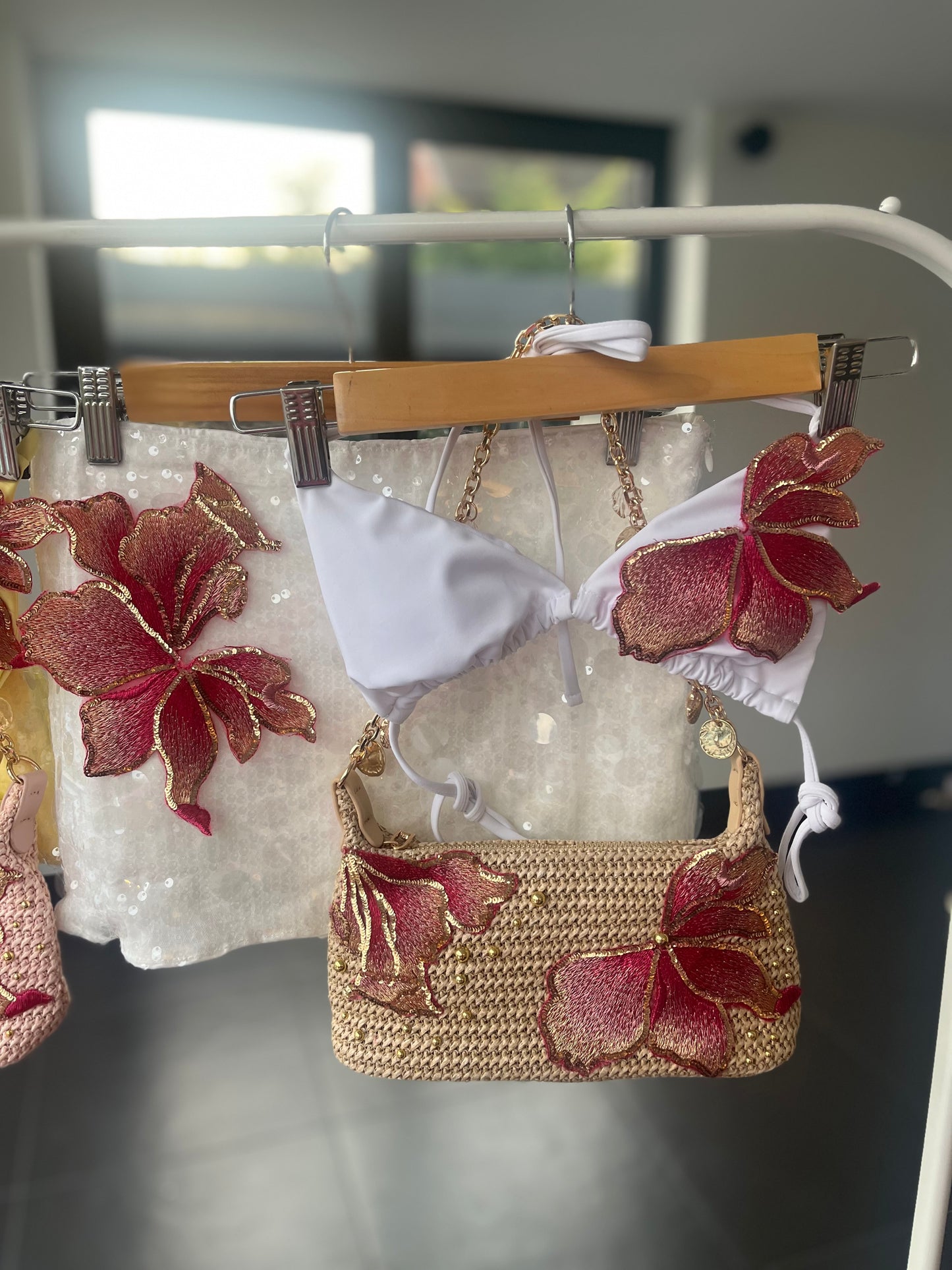 White pink blossom sequin skort