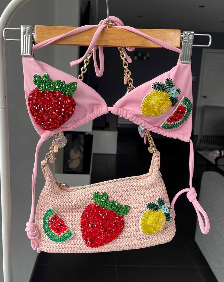 Pink beaded summer fruits bikini