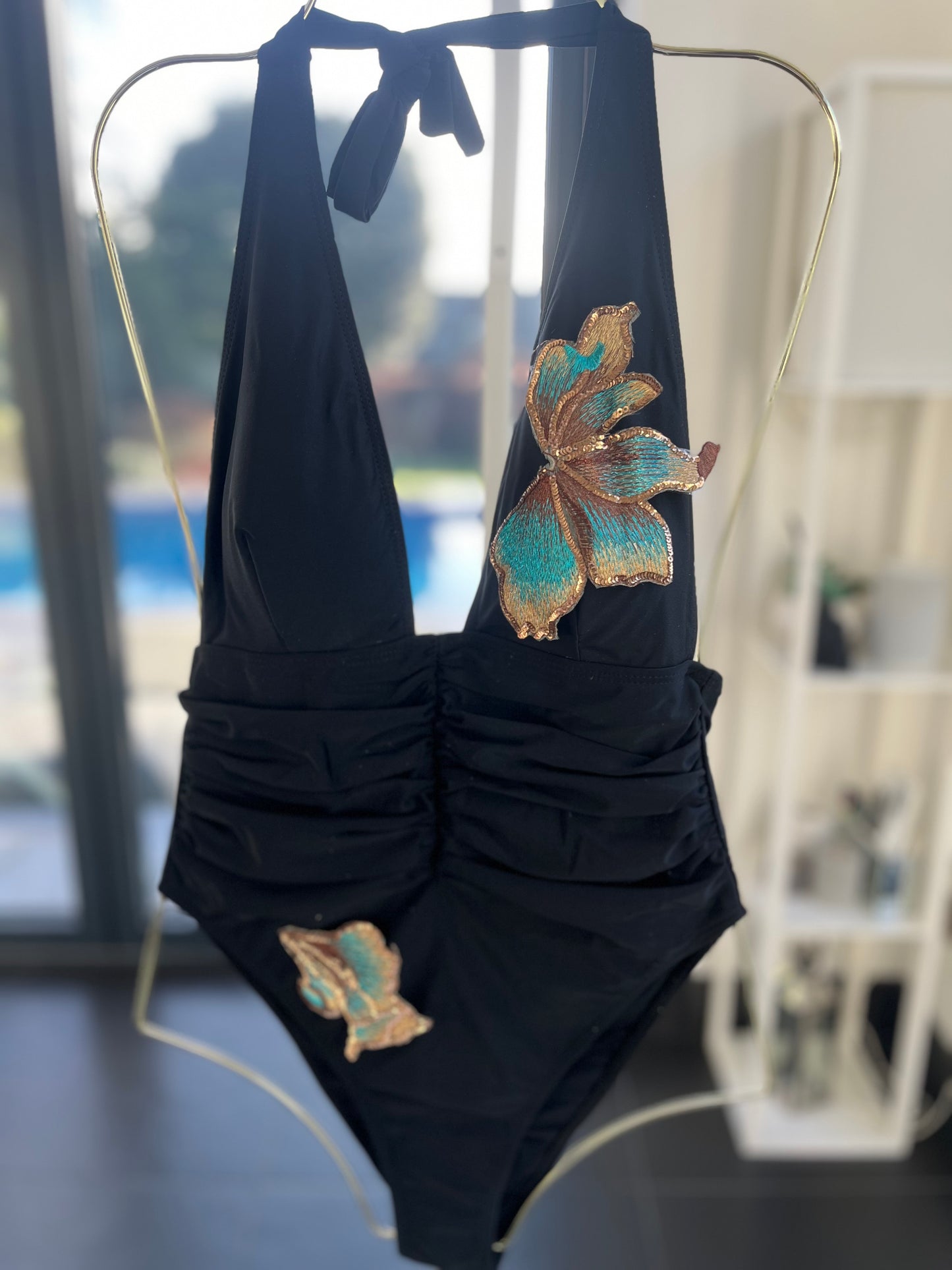 Black Teal blossom one piece swimsuit