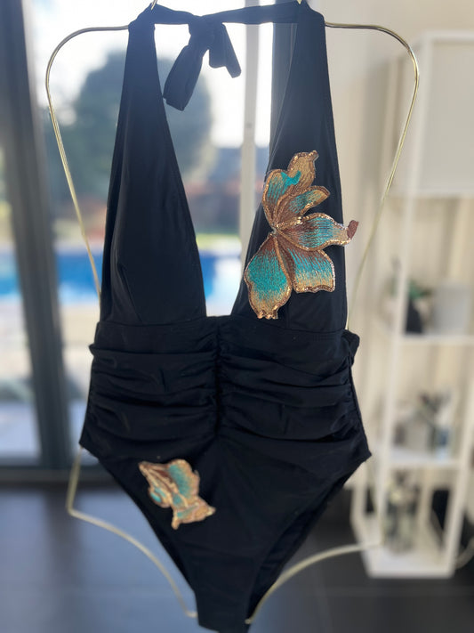 Black Teal blossom one piece swimsuit