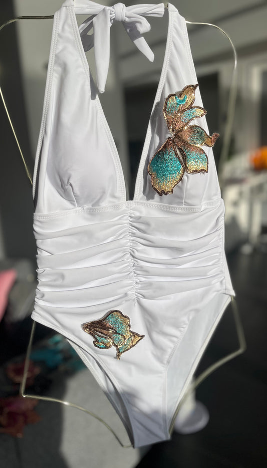 White Teal blossom one piece swimsuit