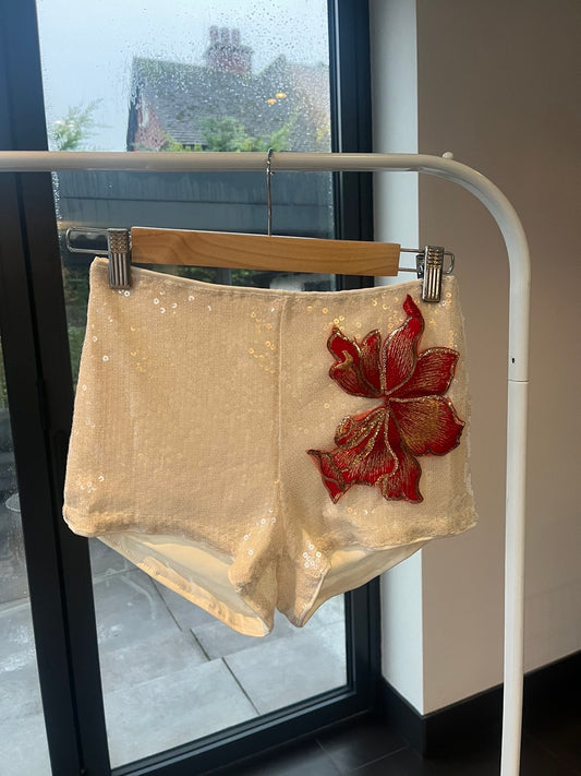 Beige red blossom sequin shorts ONLY