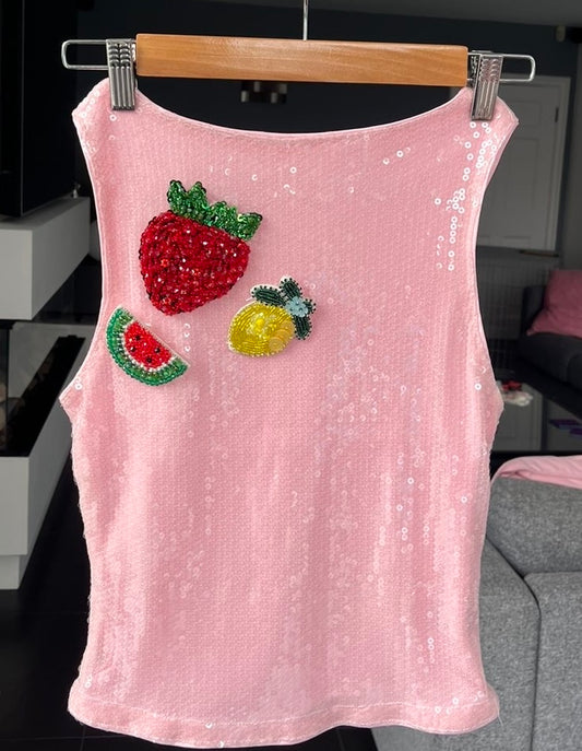 Pink beaded fruits sequin TANK TOP ONLY