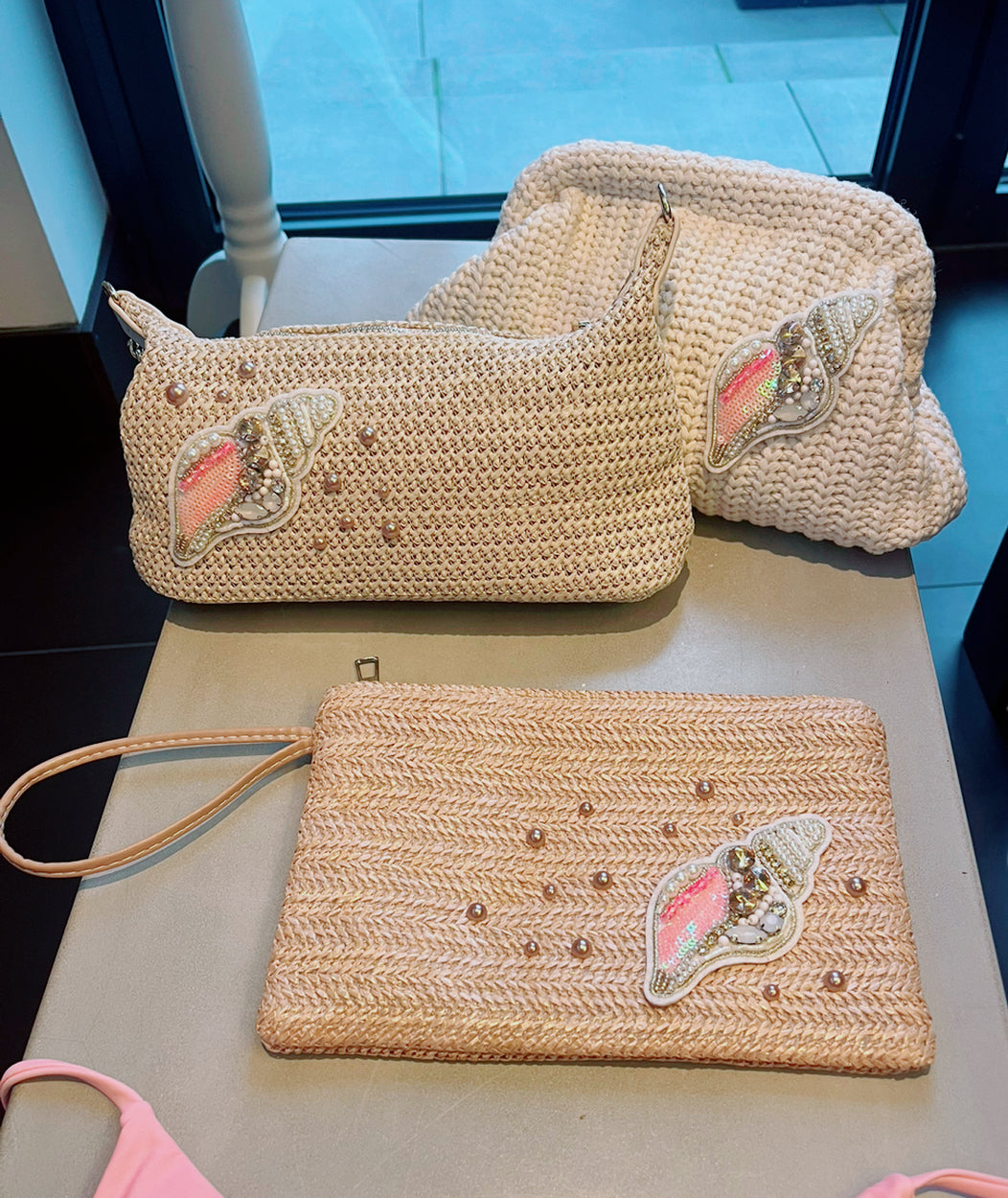 Beige beaded shell pouch / clutch bag