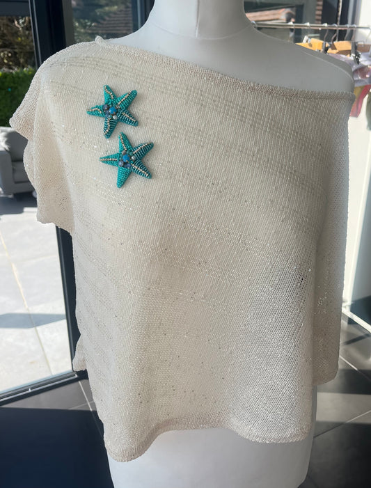 Beige double Blue starfish poncho cover up