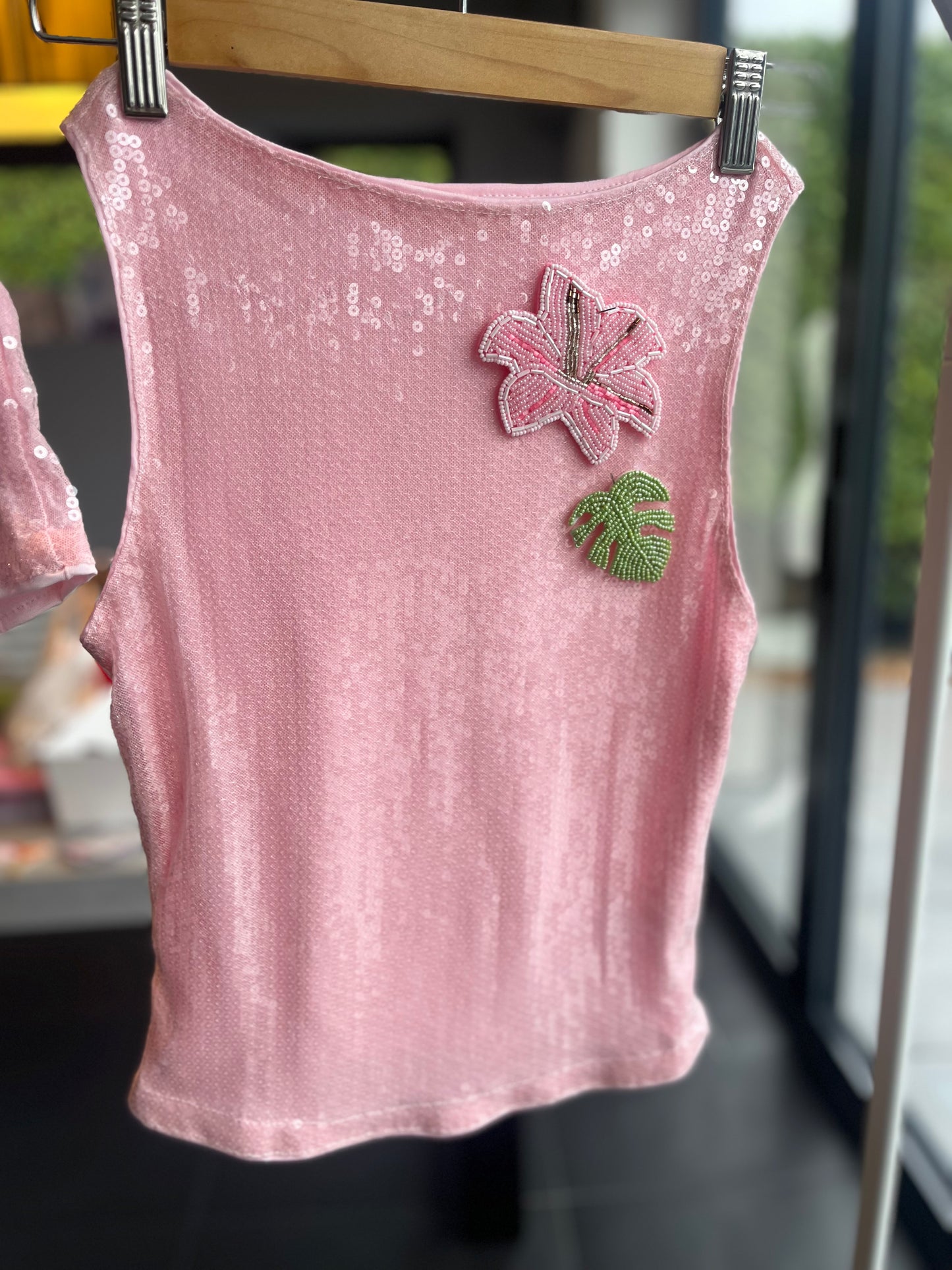Pink beaded flora & leaf Tank top ONLY