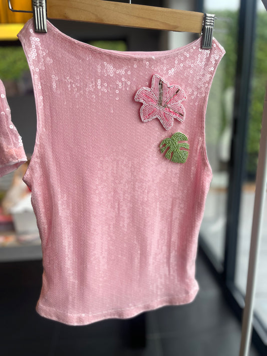 Pink beaded flora & leaf Tank top ONLY
