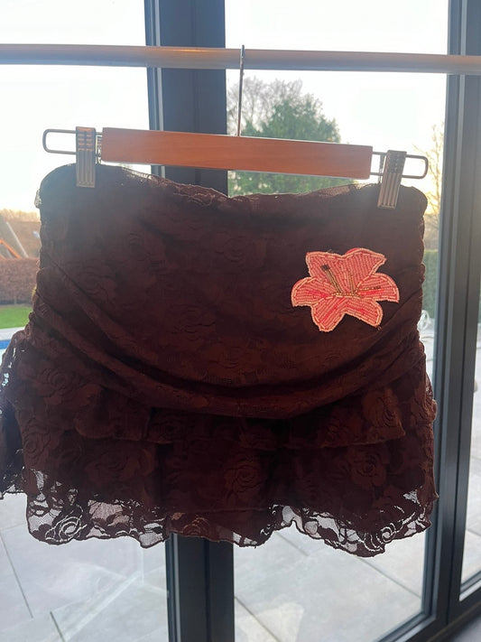Coco brown beaded flora lace skort