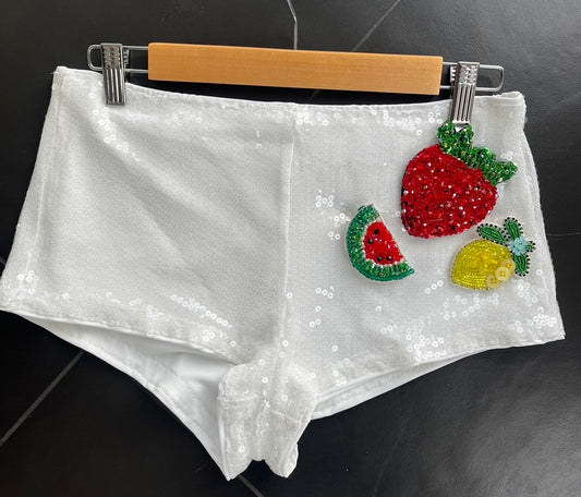 White beaded summer fruits sequin shorts ONLY