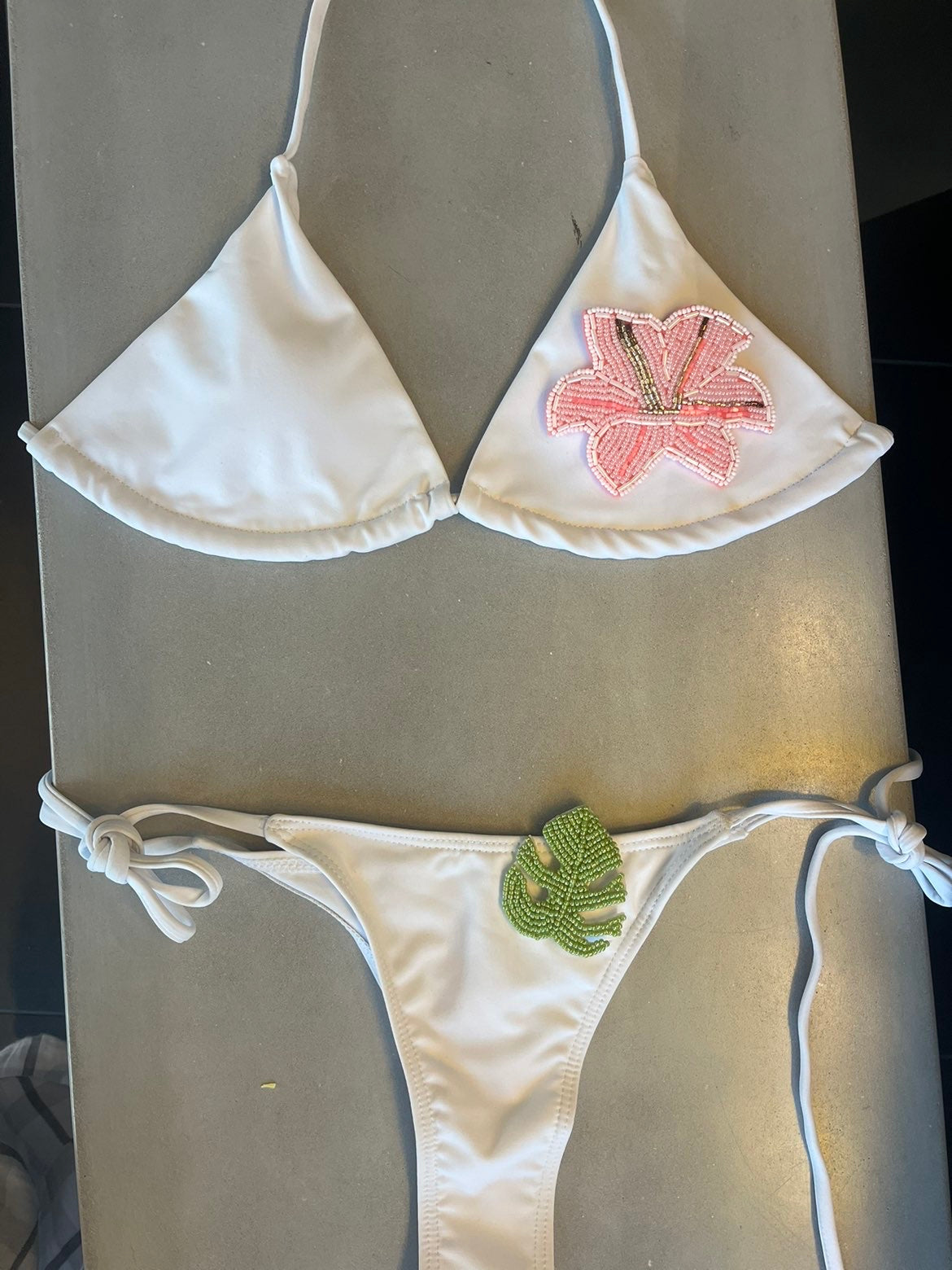 White beaded flora & leaf bikini