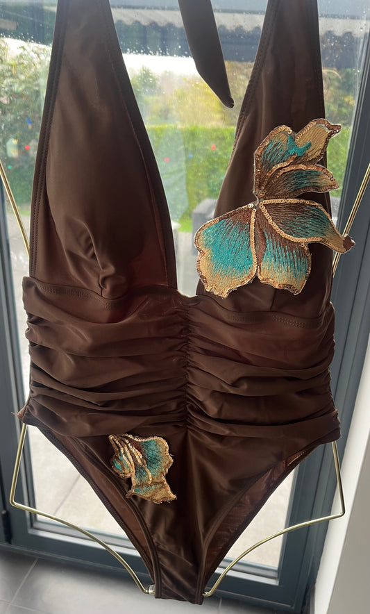 Brown Teal blossom one piece swimsuit