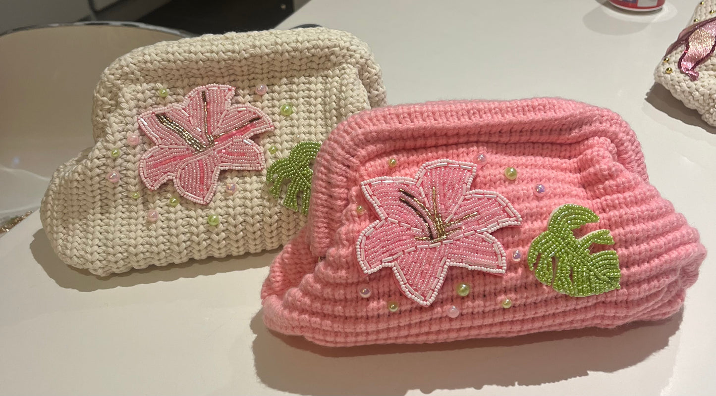 Crème beaded flora & leaf clutch bag