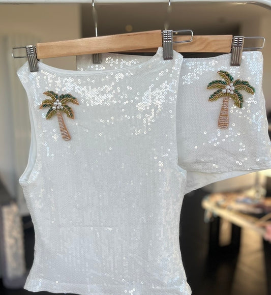 White beaded palm tree sequin tank & shorts SET