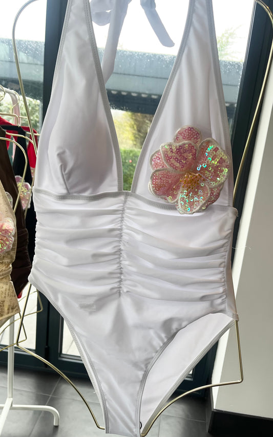 White pink flora one piece swimsuit