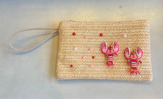 Beige beaded lobster pouch / clutch bag