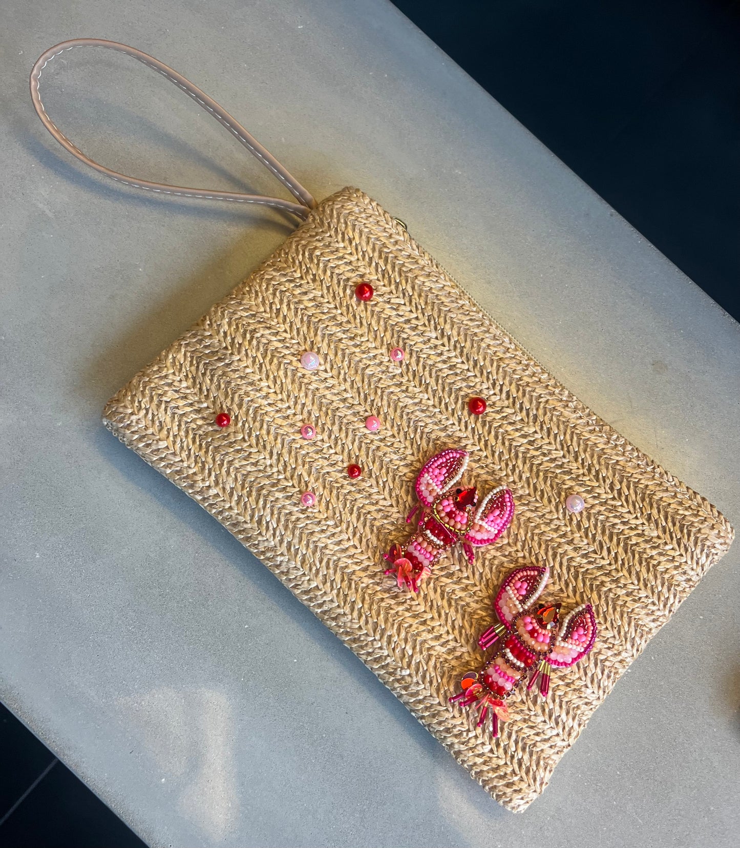 Beige beaded lobster pouch / clutch bag