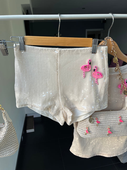 Beige beaded flamingo sequin shorts ONLY