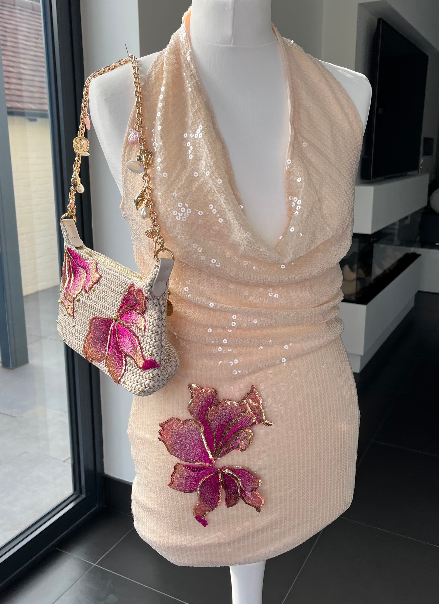 Beige Pink blossom sequin dress